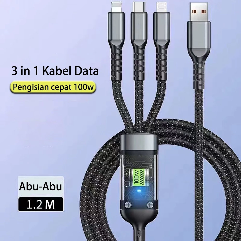 LAMPION - Kabel Charger 3 in 1 100W Fast Charging Type-C Micro USB Lightning IOS Kabel Data Hitam