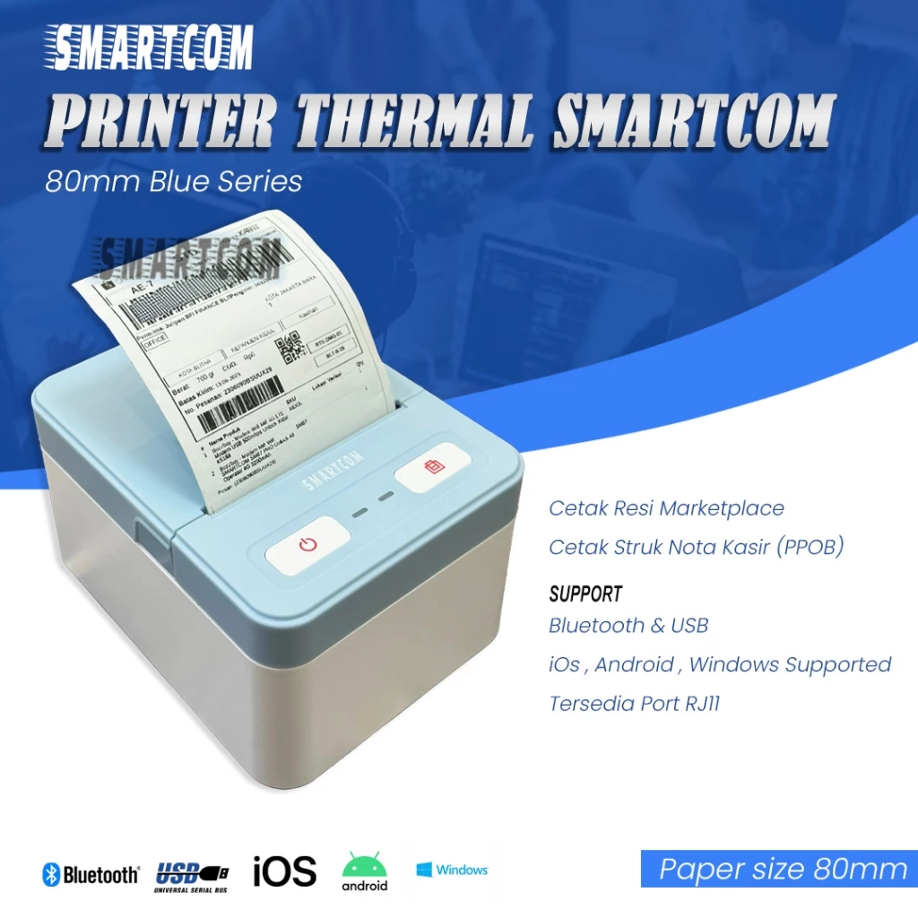 SMARTCOM - 80mm Printer Bluetooth  USB Thermal Blue Color Kertas 80mm Cetak PPOB POS Kasir Bon Struk Resi Nota Alamat / Support PC Laptop IOS Android Windows