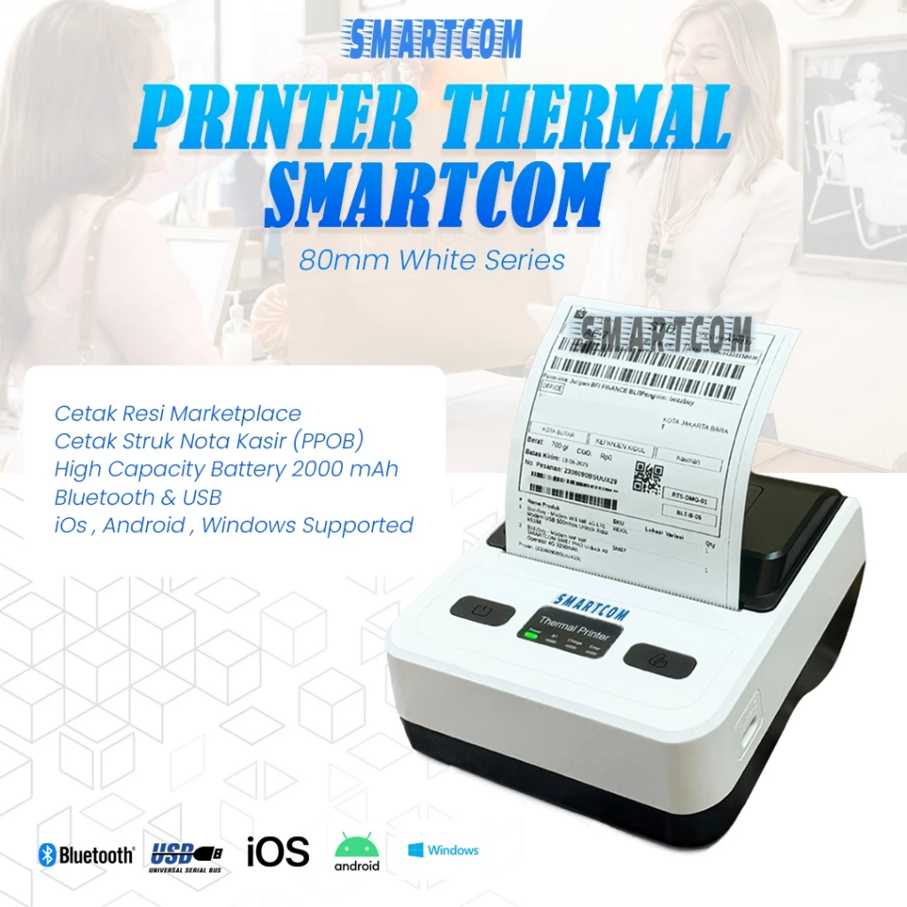 SMARTCOM - Printer Thermal Bluetooth 80mm with Baterai and Bluetooth USB Cetak Resi Alamat Kasir PPOB Garansi Resmi